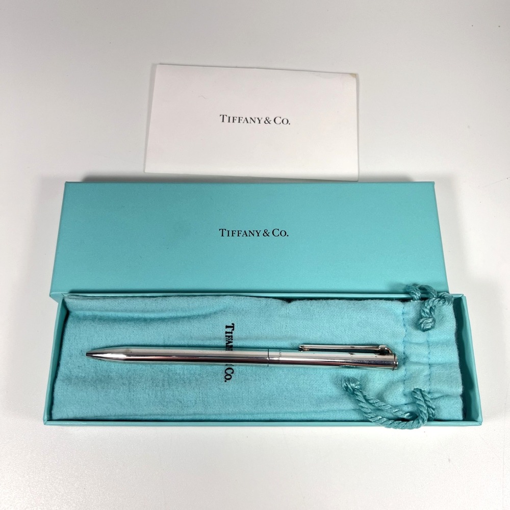 Vtg Tiffany & Co. Sterling Silver 925 T Clip Ballpoint Pen Black Ink Pouch & Box